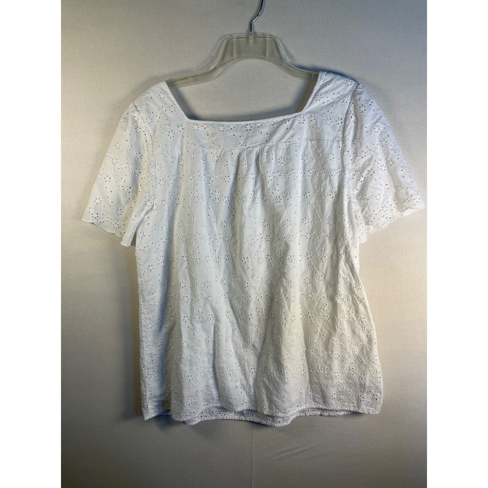 Talbots White Floral Eyelet Square Neck Short Sleeve Blouse XL Cotton Boho Top - Picture 3 of 7